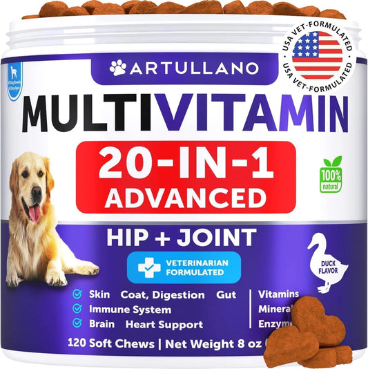 Multivitamin-Kautabletten für Hunde mit Glucosamin 20 in 1 Vitamine und Nahrungsergänzungsmittel für Hunde Multivitamin für ältere Hunde und Welpen Unterstützung für Gelenke, Gesundheit, Immunsystem, Beweglichkeit, Darm und Haut 120 Kautabletten