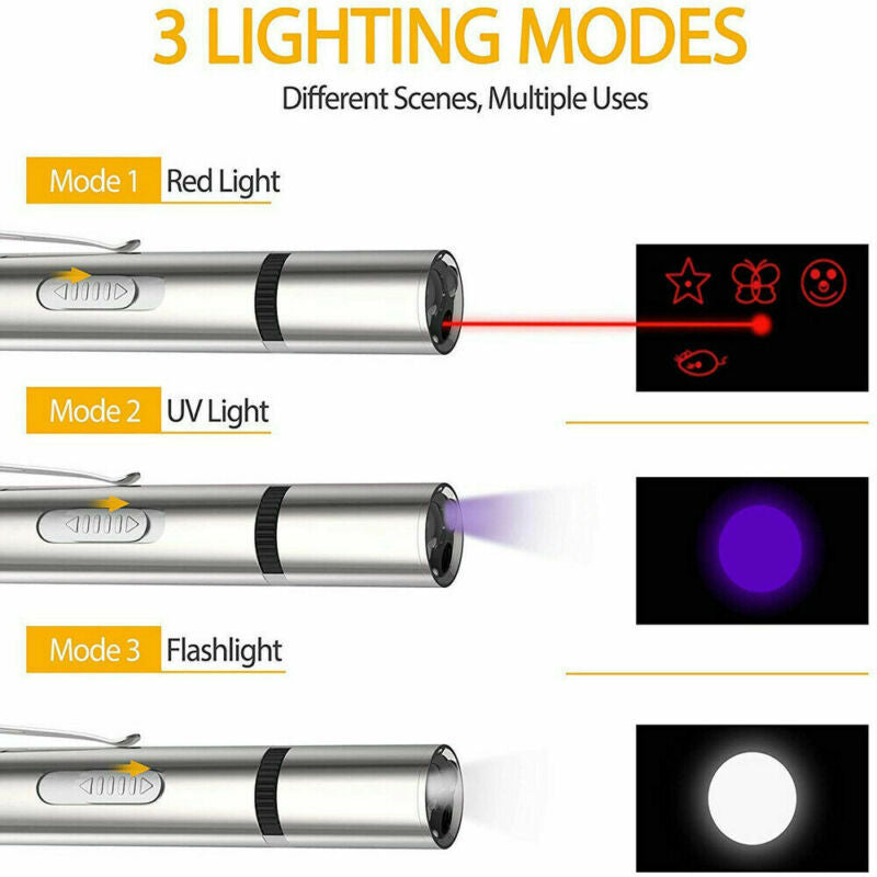 USB-aufladbarer Laserpointer aus Edelstahl mit fünf Mustern und violettem Licht – Katzenspielzeug