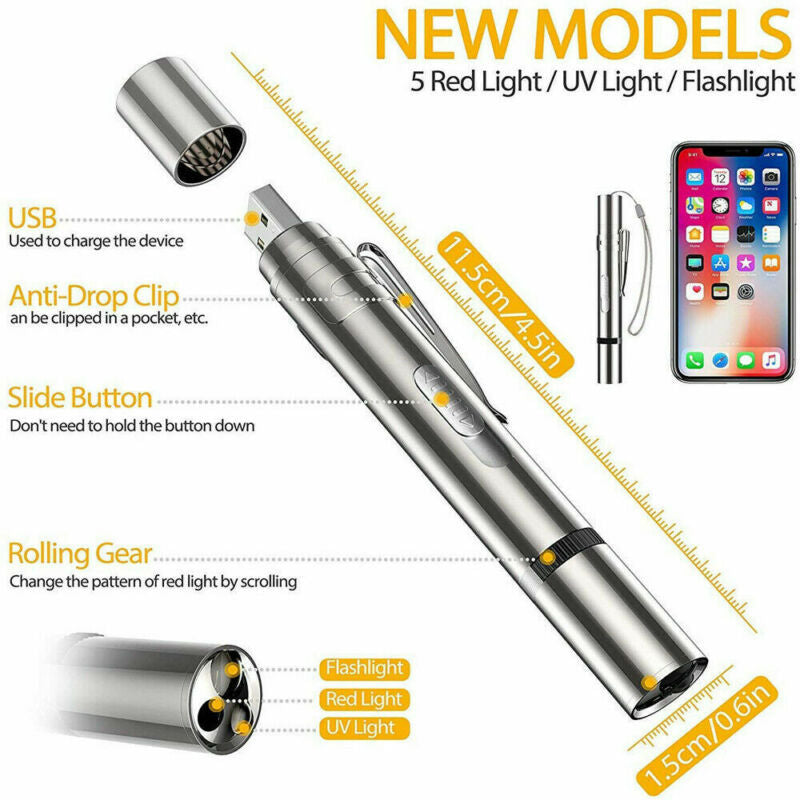 USB-aufladbarer Laserpointer aus Edelstahl mit fünf Mustern und violettem Licht – Katzenspielzeug