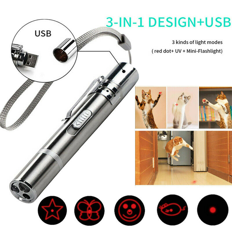 USB-aufladbarer Laserpointer aus Edelstahl mit fünf Mustern und violettem Licht – Katzenspielzeug